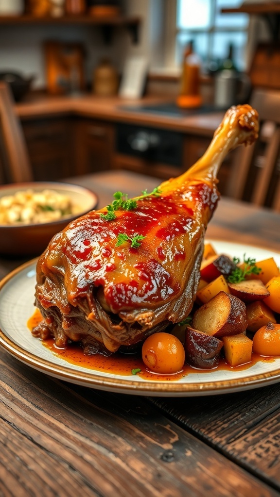Crispy duck confit leg garnished with herbs, served with roasted vegetables on a wooden table.